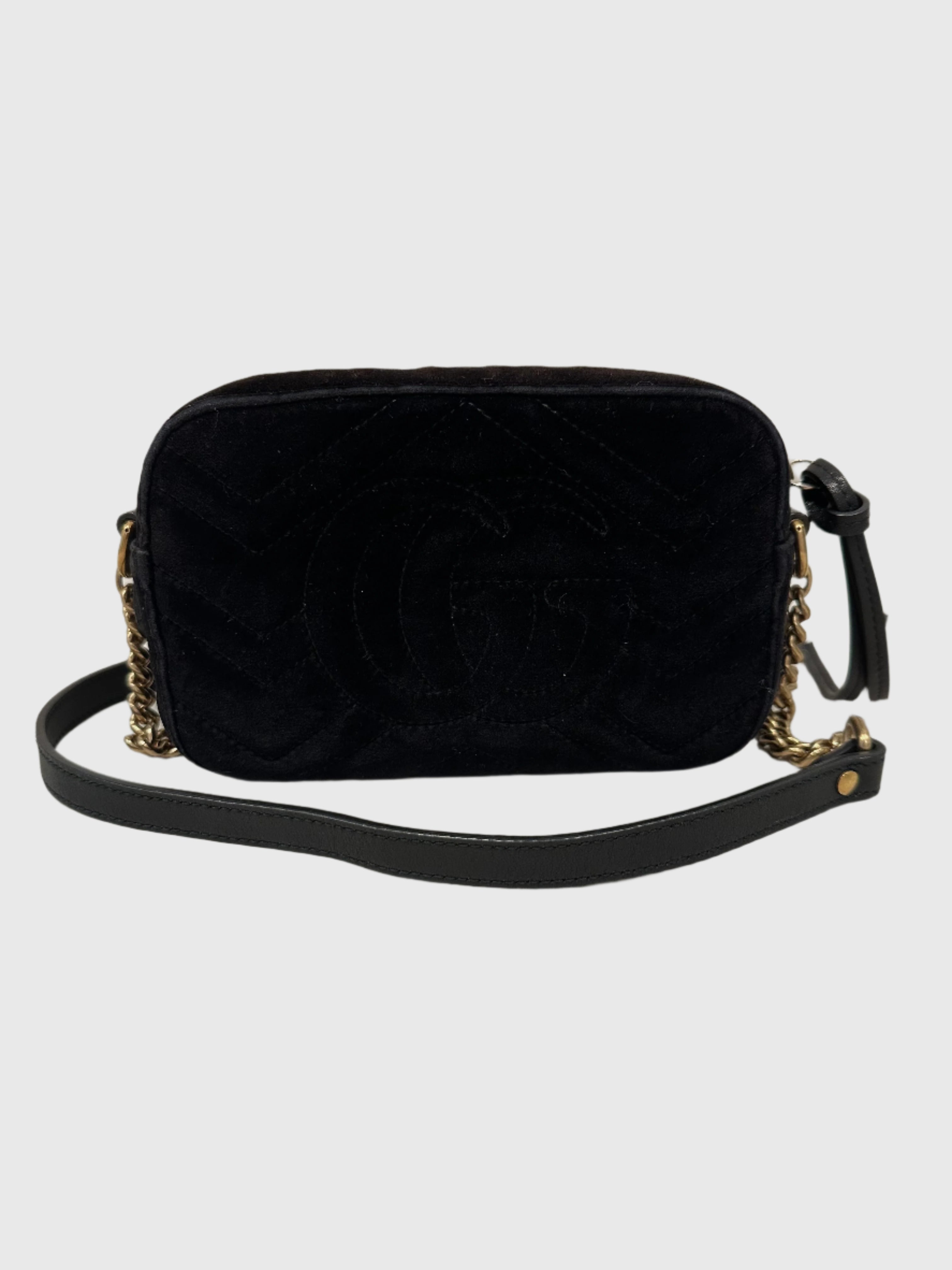 Gucci GG Marmont Black Velvet Crystal Crossbody Camera Bag
