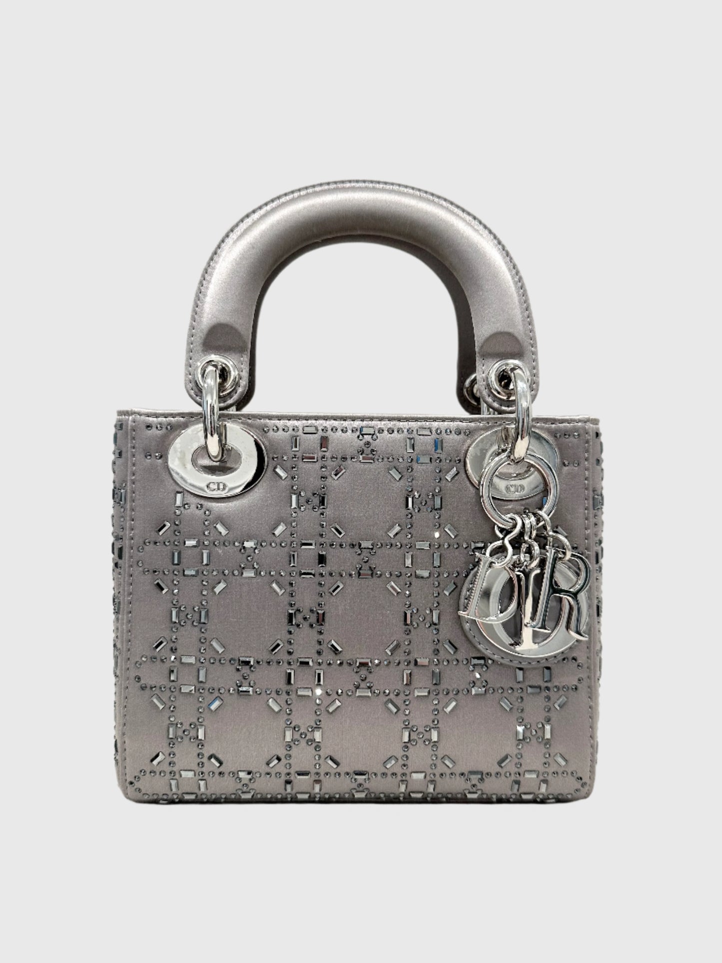Christian Dior Gray Satin Crystal Cannage Mini Lady Dior Crossbody Bag