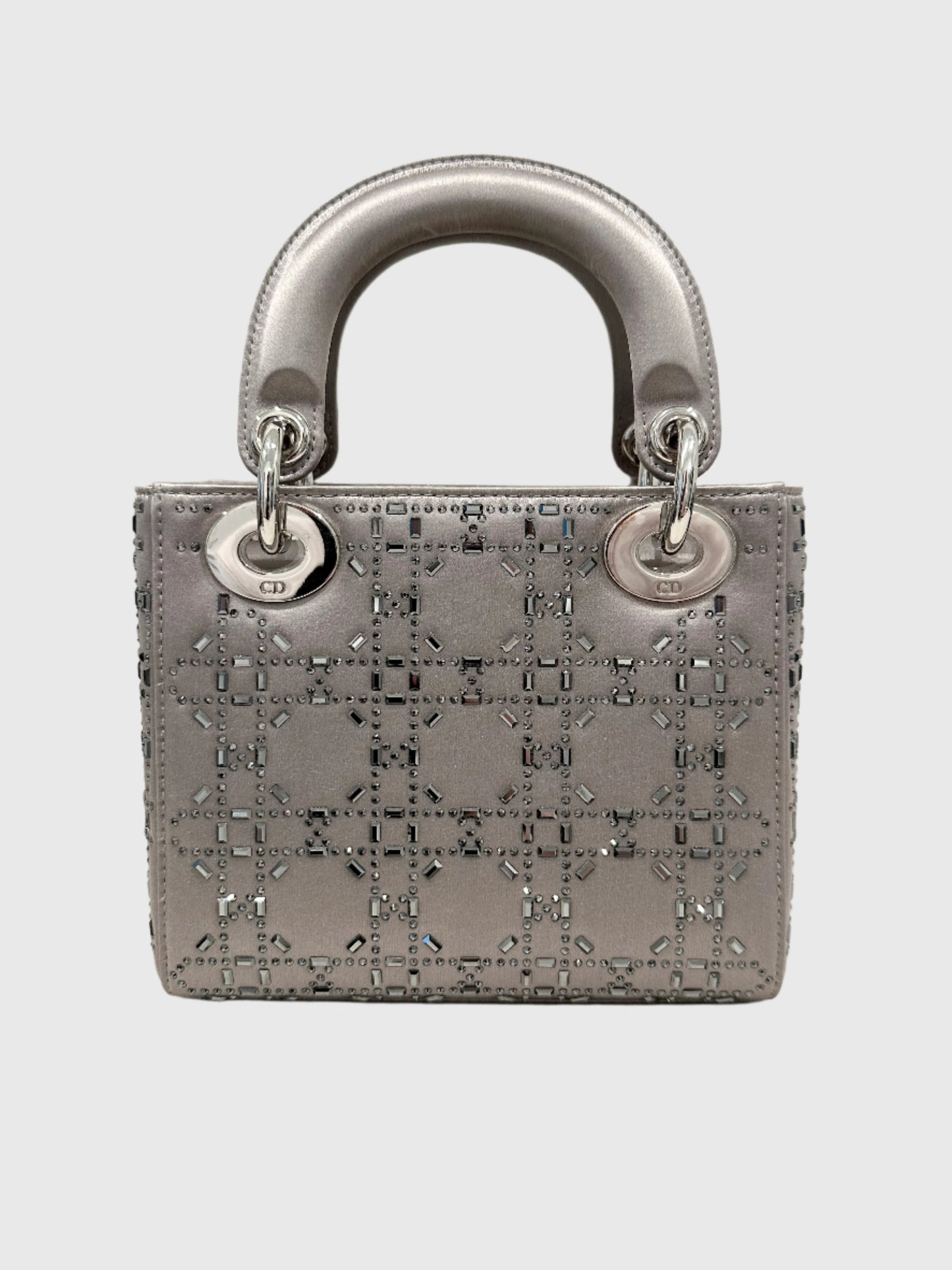 Christian Dior Gray Satin Crystal Cannage Mini Lady Dior Crossbody Bag