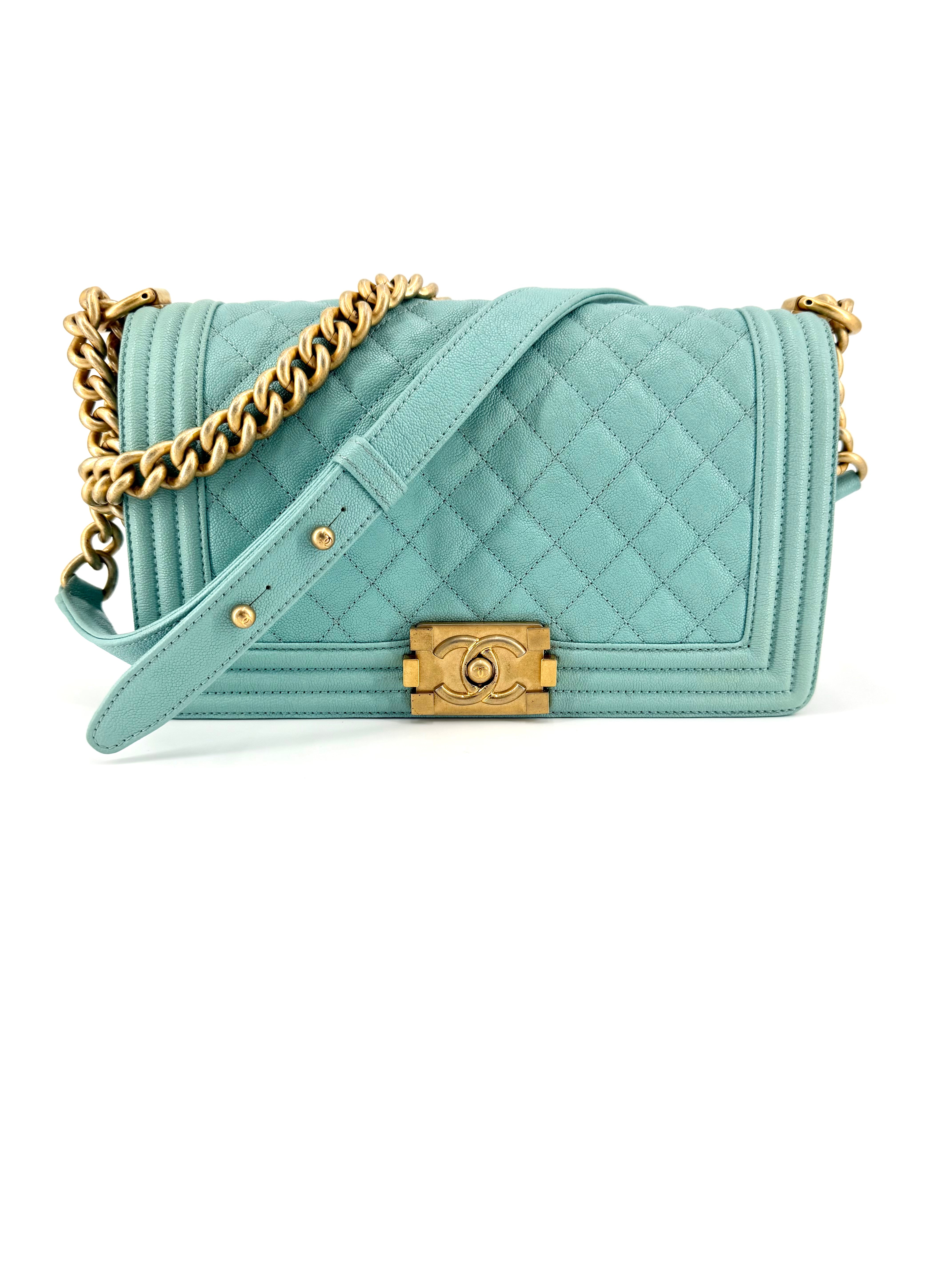 Pre-Owned Chanel Quilted Caviar Tiffany Blue Medium Boy Crossbody Bag