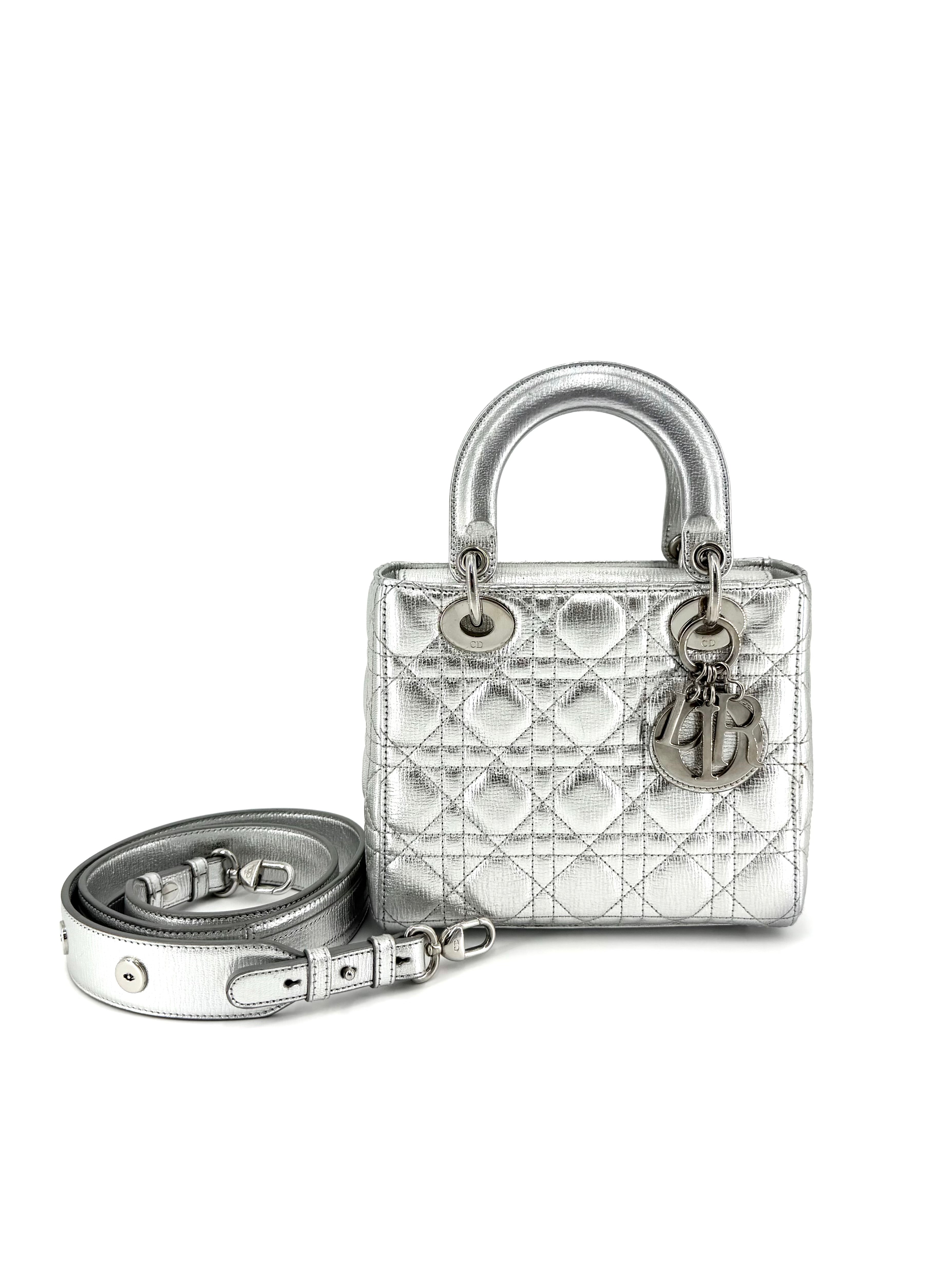 Pre-Owned Dior Lady Dior Silver Metallic Small Crossbody Bag