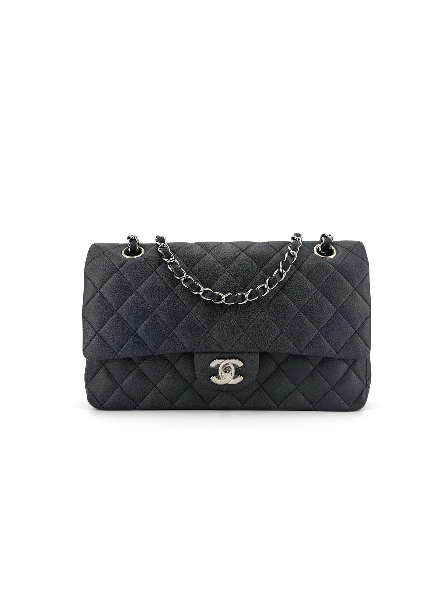 Pre-Owned Chanel Medium Double Flap Gray Quilted Caviar Leather Bag