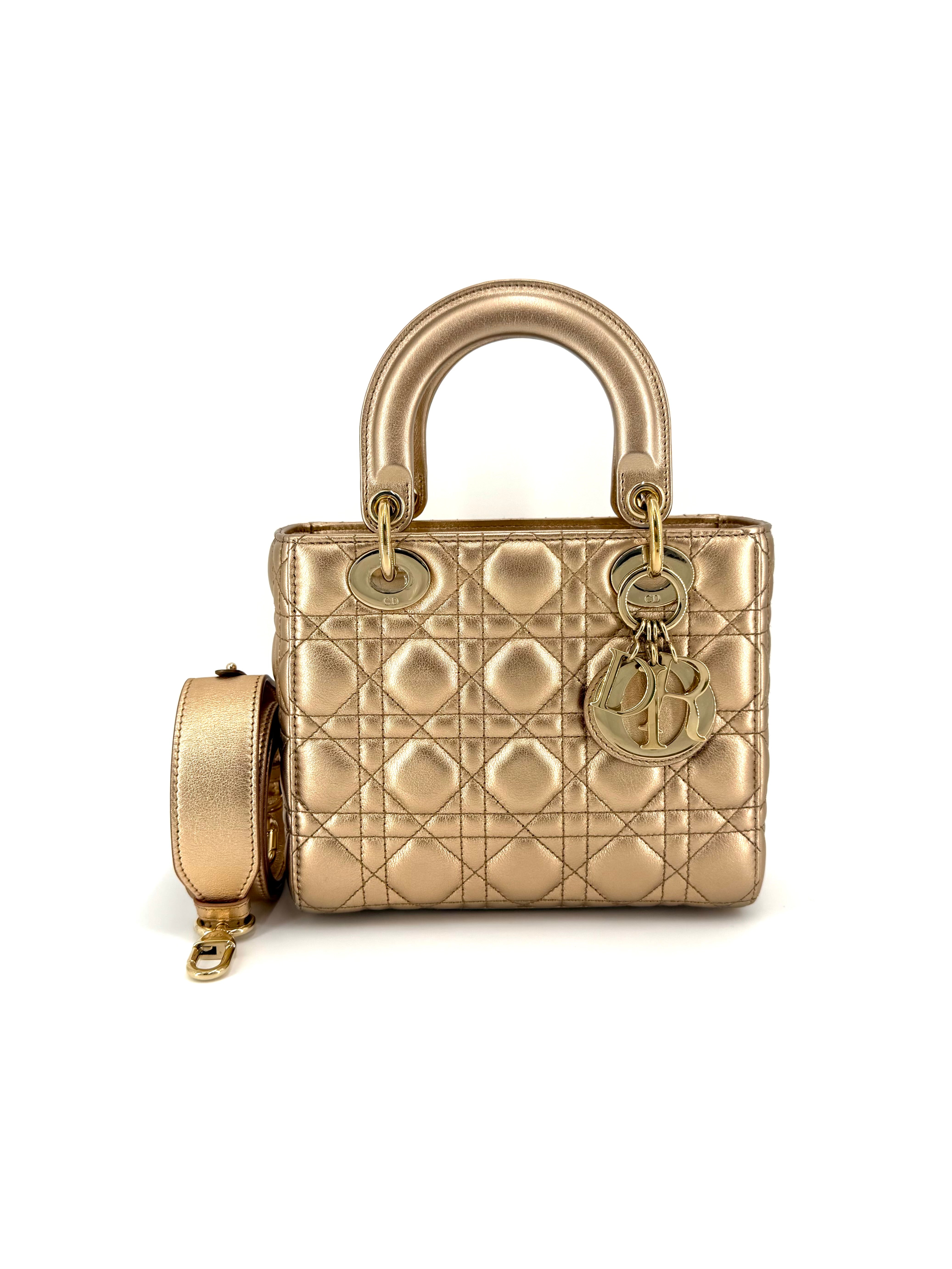 Pre-Owned Lady Dior Gold Metallic Small Bag with Strap