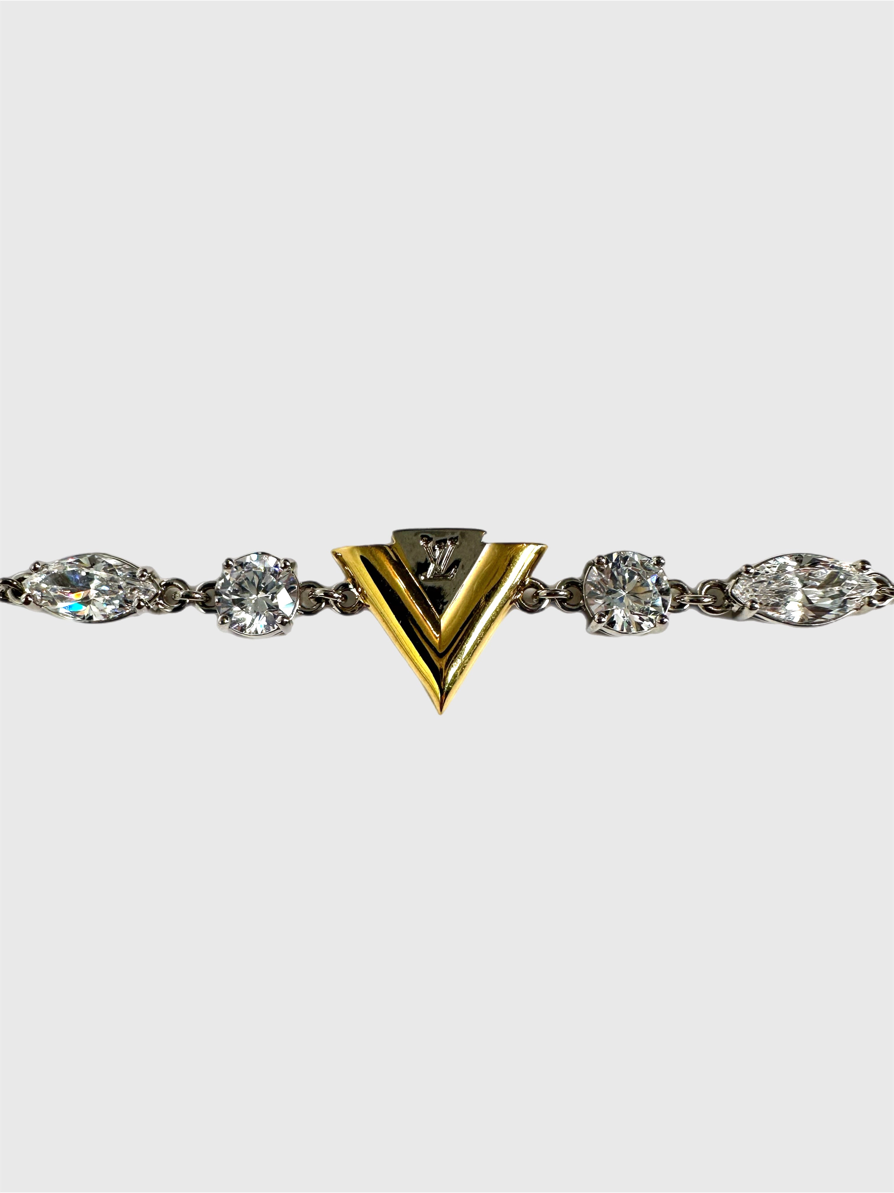 Louis Vuitton "V for Vuitton" Bracelet in Silver/Gold Tone with Crystals