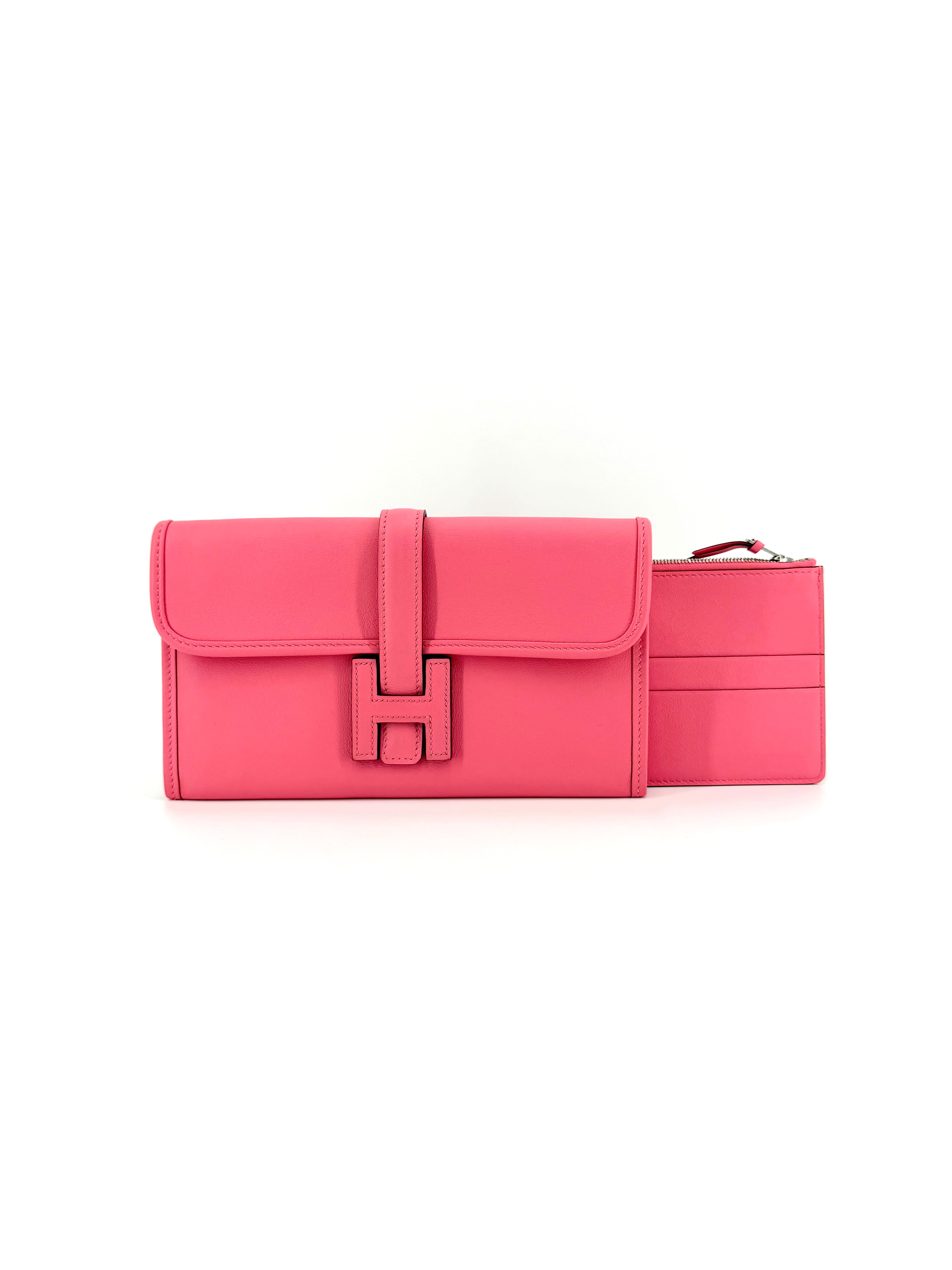 Pre-Owned Hermes Jige Duo 22 Rose Azalee Swift Leather Wallet/Clutch