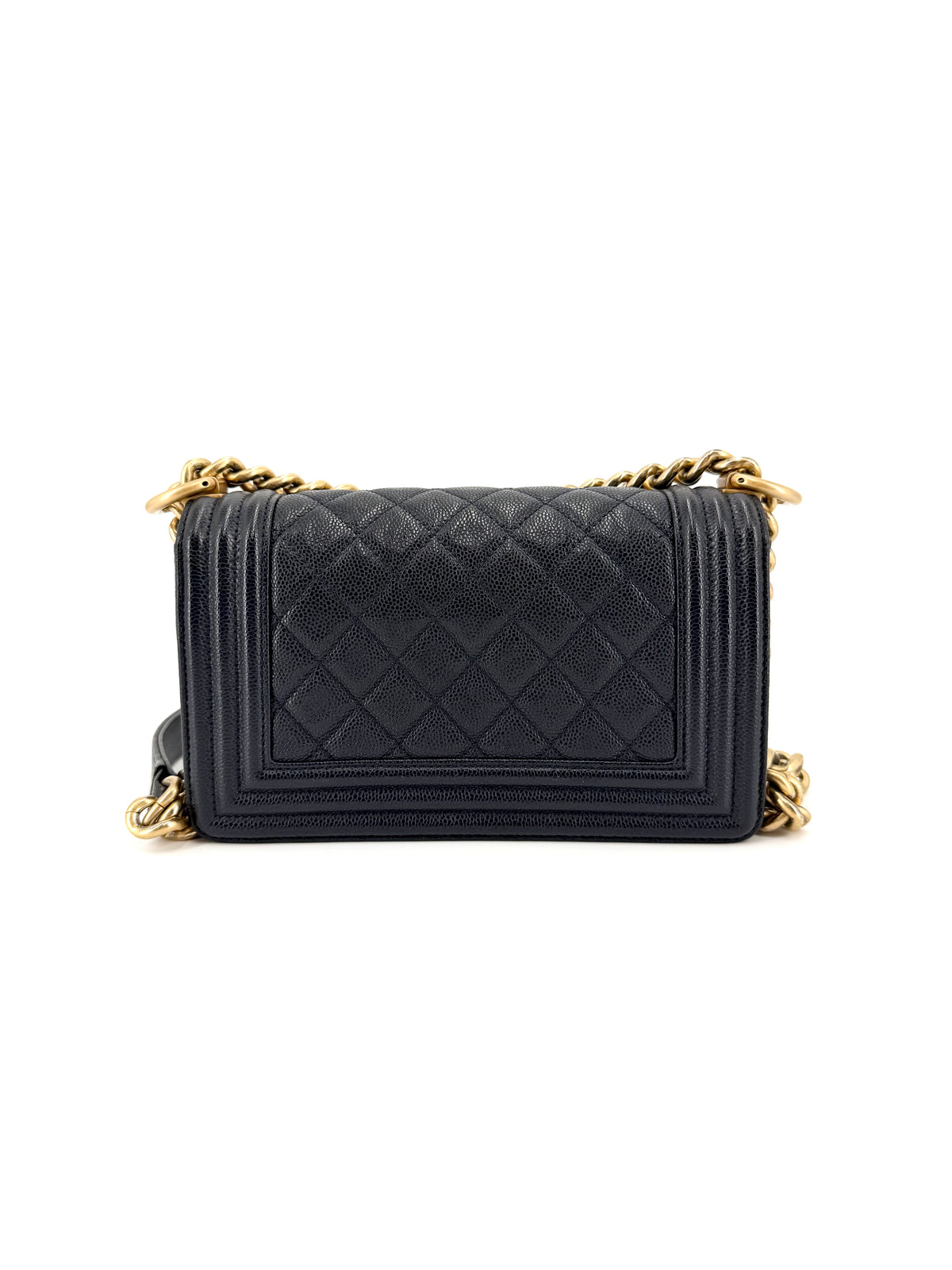 Pre-Owned Chanel Small Boy Dark Navy Caviar Leather Aged Gold Hardware