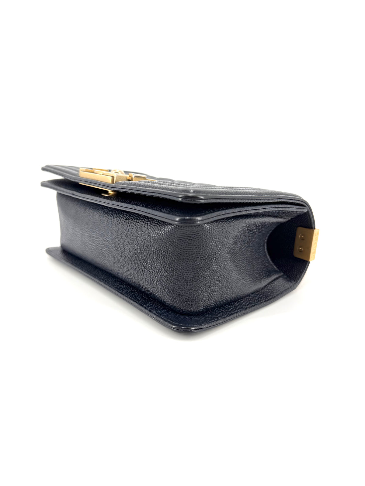 Pre-Owned Chanel Small Boy Dark Navy Caviar Leather Aged Gold Hardware