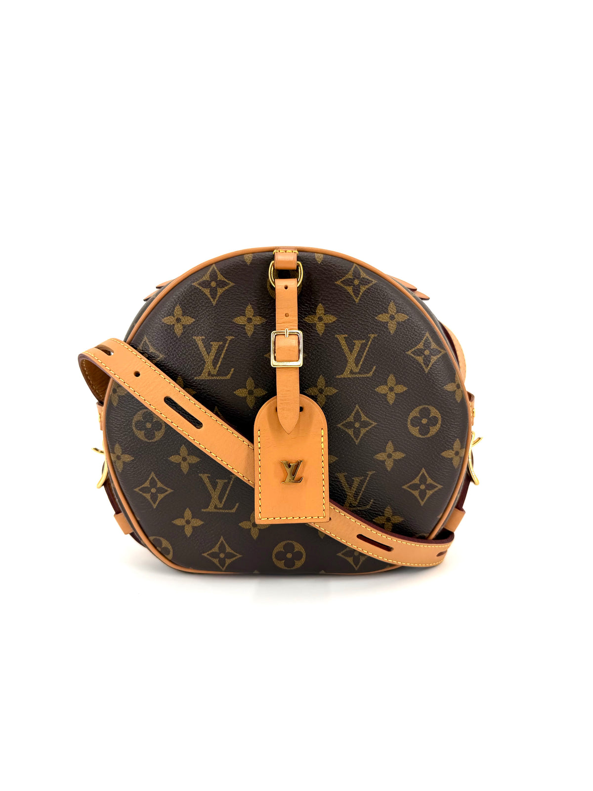 Pre-owned Louis Vuitton Boîte Chapeau Souple MM Monogram crossbody bag with natural leather trim, gold-tone hardware, and adjustable strap
