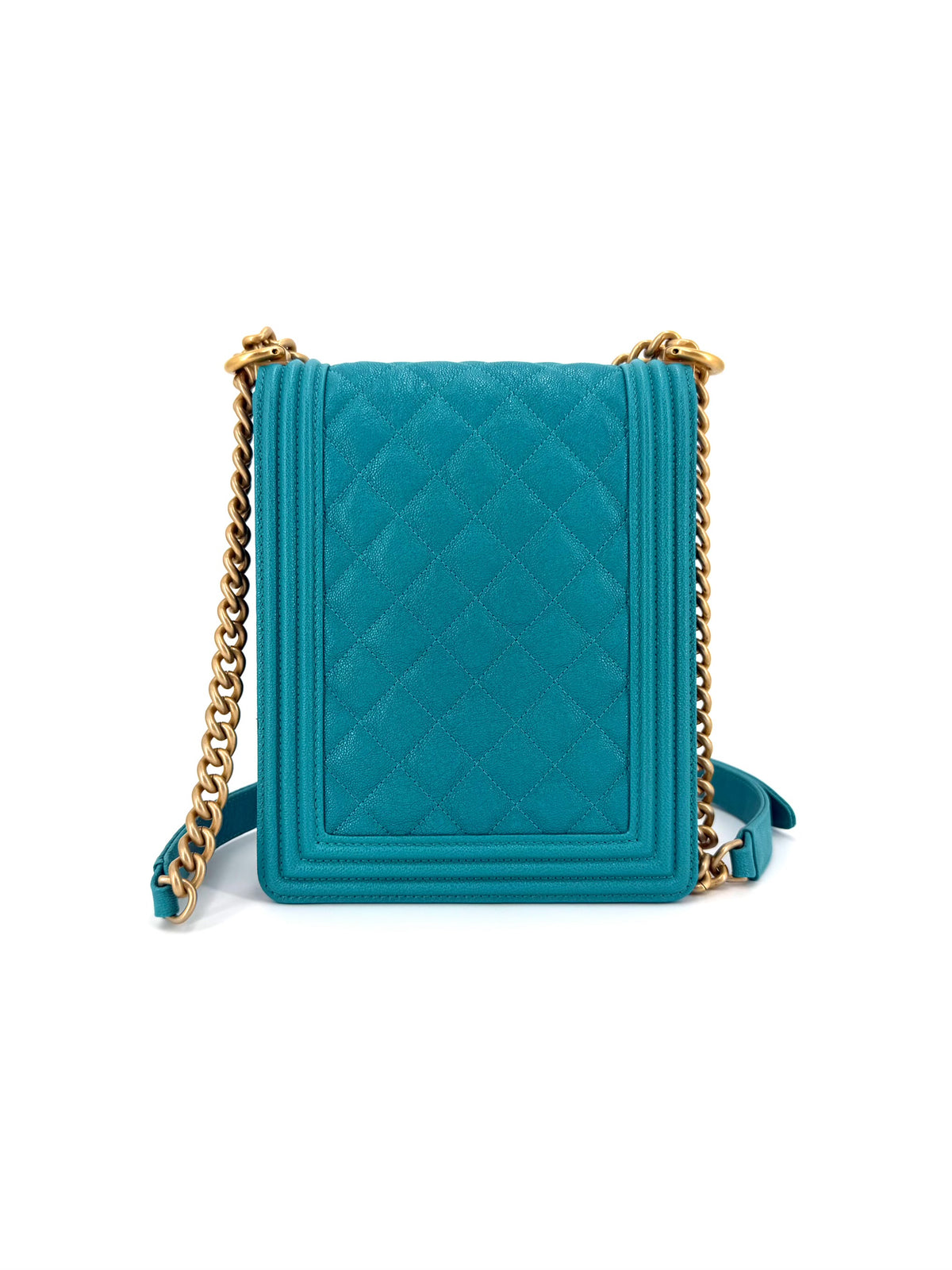 Pre-Owned Chanel Boy North South Turquoise Quilted Caviar Leather Bag Aged Gold Hardware