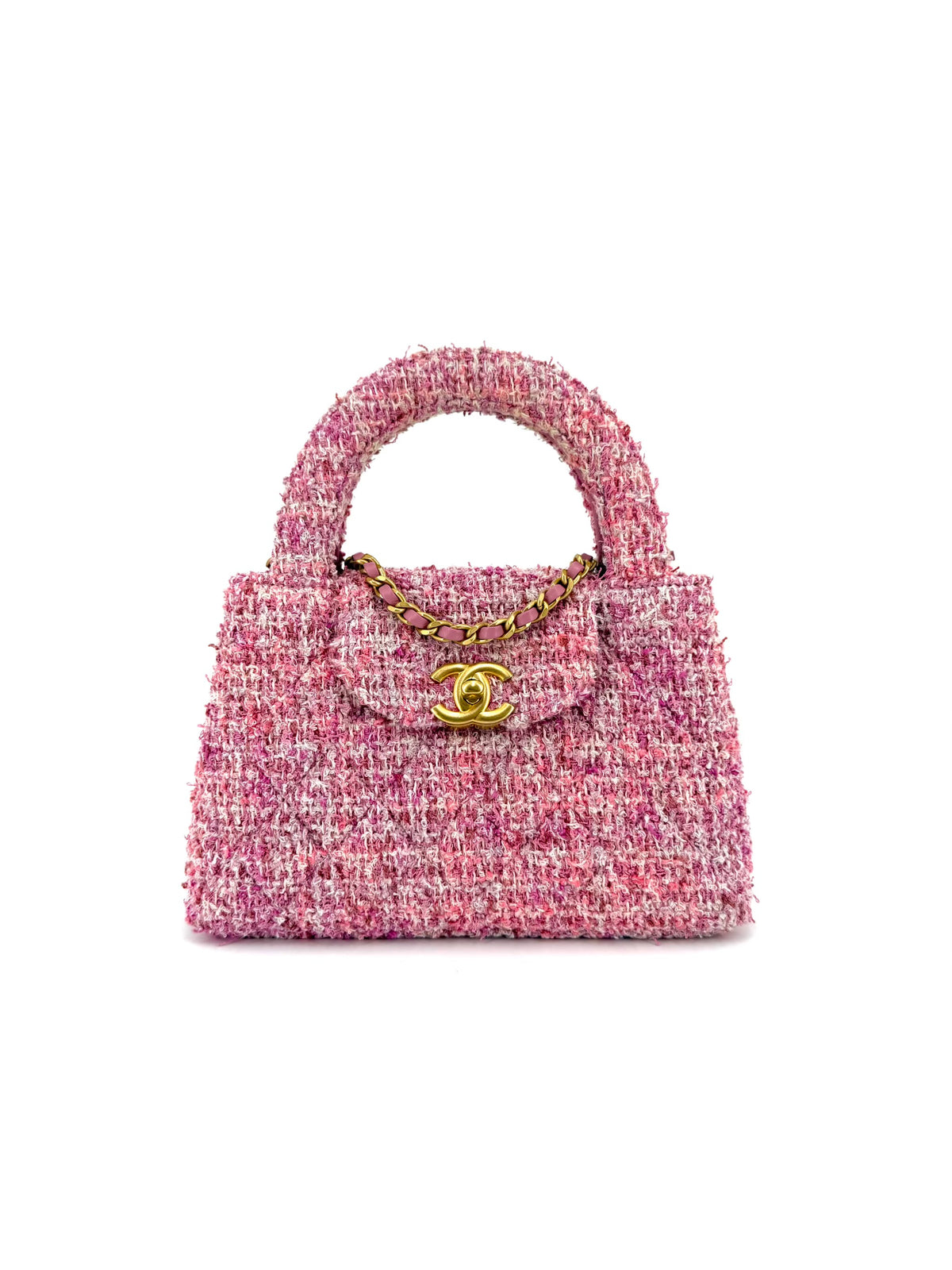 Pre-Owned Chanel Mini Kelly Pink Multicolor Tweed Top Handle Bag Gold Hardware