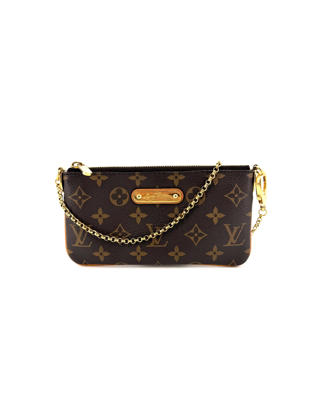 Louis Vuitton Eva Clutch in brown Monogram canvas with gold-tone engraved nameplate, zippered top, tan leather trim, and detachable gold chain shoulder strap.