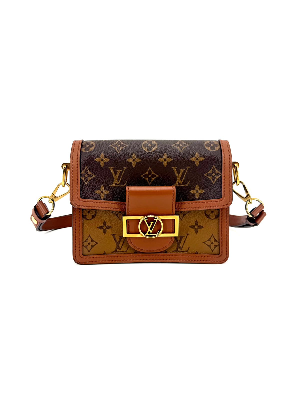 Authentic Louis Vuitton Mini Dauphine crossbody bag in Monogram and Reverse Monogram canvas with brown leather trim, gold-tone LV Circle closure, and adjustable leather strap.
