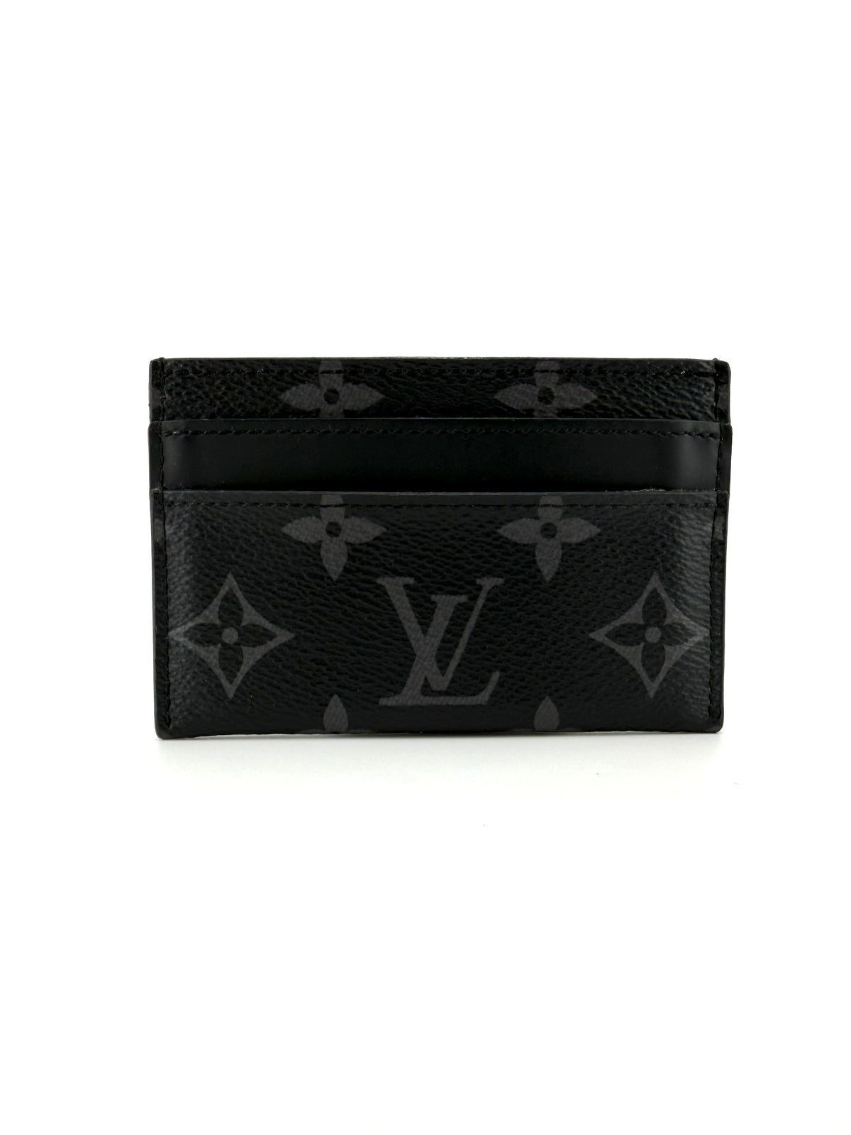 Authentic Louis Vuitton Monogram Eclipse card holder in black and gray coated canvas with black leather trim, four exterior card slots, and central compartment.