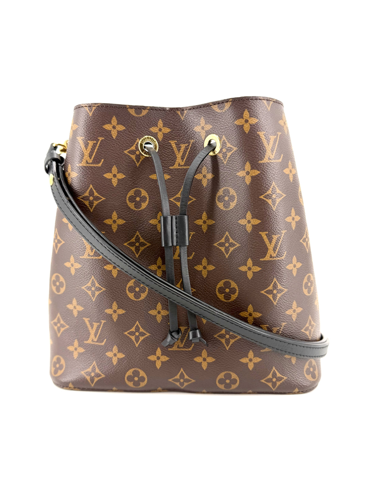 Authentic Louis Vuitton Néonoé MM bucket bag in brown Monogram canvas with black leather trim, matching black drawstring, gold-tone hardware, and adjustable shoulder strap.