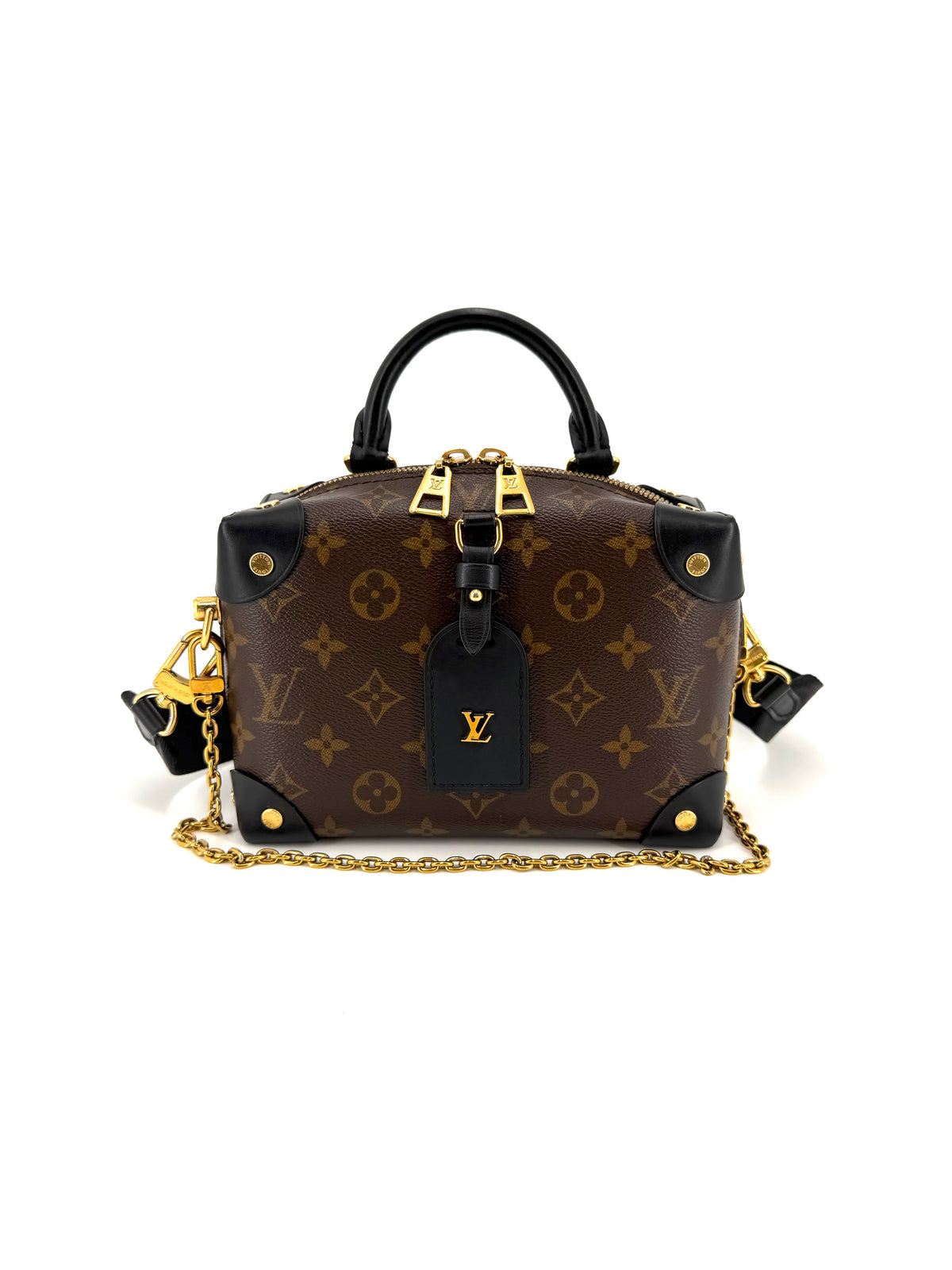 Authentic Louis Vuitton Petite Malle Supple in Monogram canvas with black leather trim, gold-tone hardware, top handle, luggage tag, removable crossbody strap, and chain.