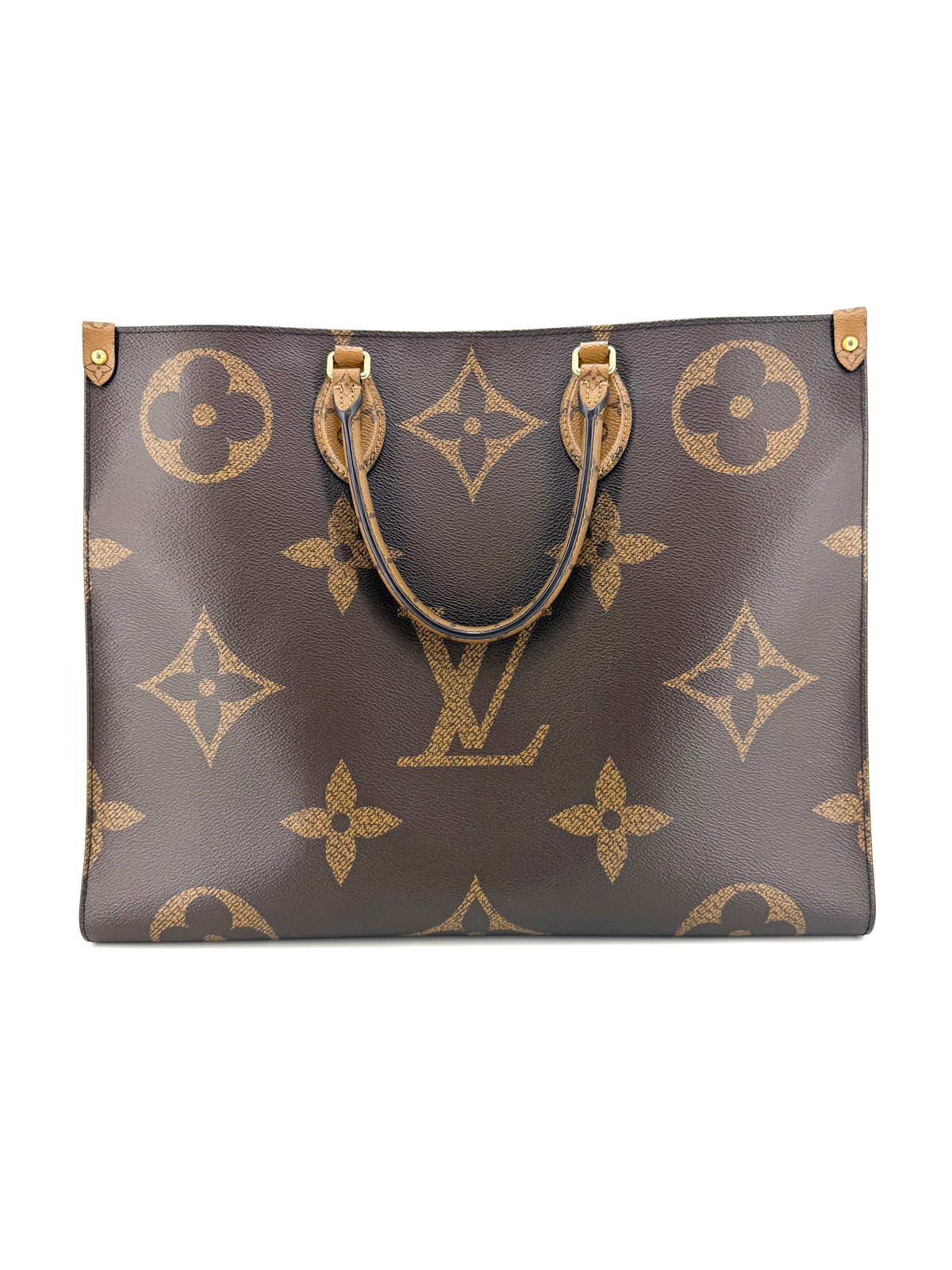 Louis Vuitton OnTheGo GM Giant Reverse Monogram canvas tote bag with red interior, gold-tone hardware, and dual carrying handles.