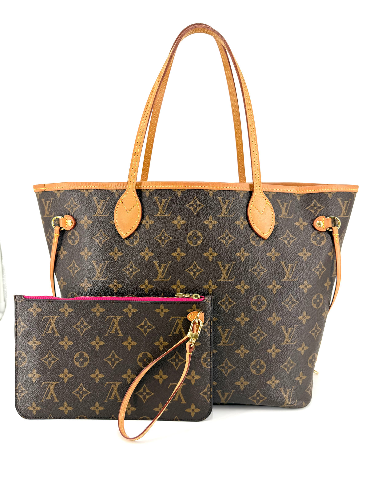 Authentic Louis Vuitton Neverfull MM tote in Monogram canvas with Vachetta leather trim, fuchsia pink interior, and matching removable zippered pouch.