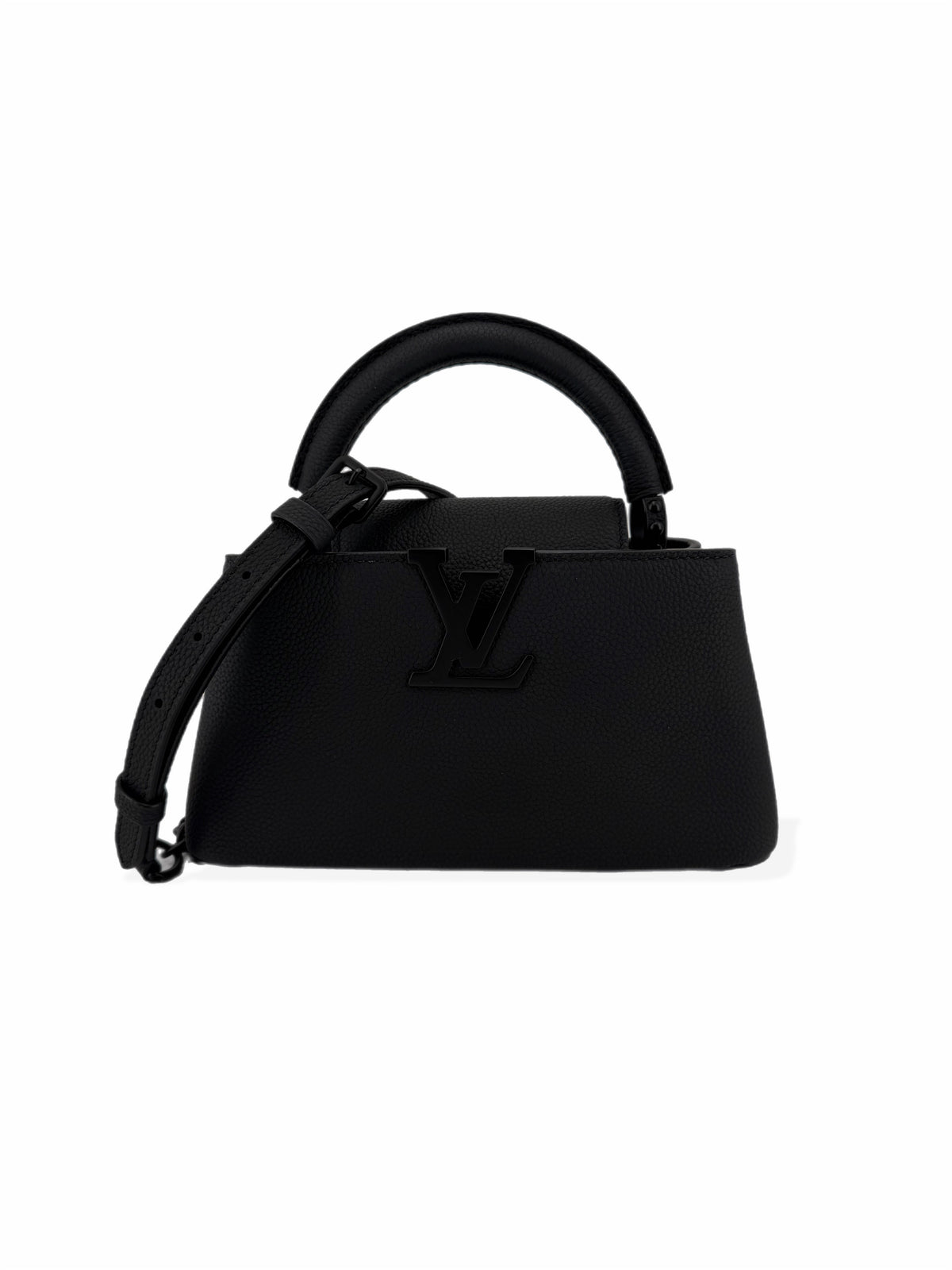 Louis Vuitton Capucines East West Mini in black Taurillon leather with matte black LV hardware and structured top handle.