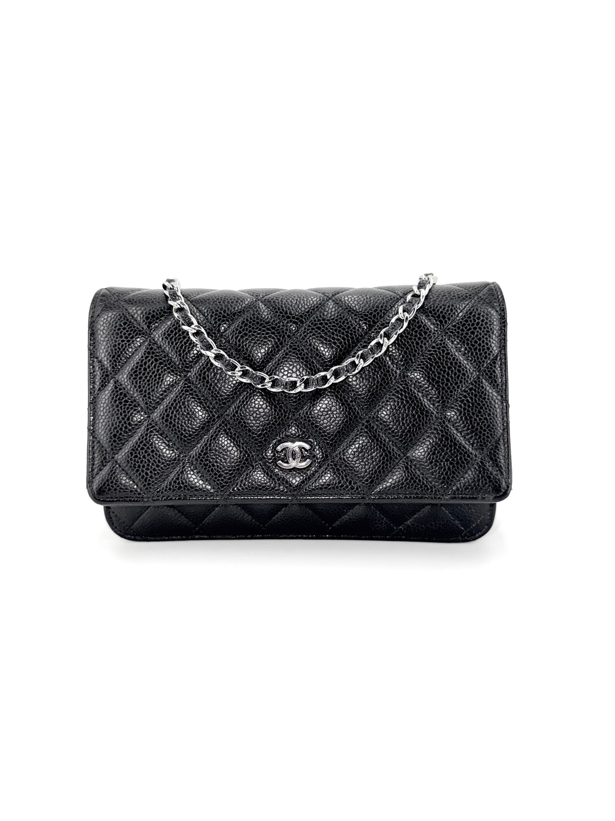 Pre-Owned Chanel Classic Wallet on Chain WOC Series 30 in black quilted caviar leather with silver hardware and interlocking CC closure