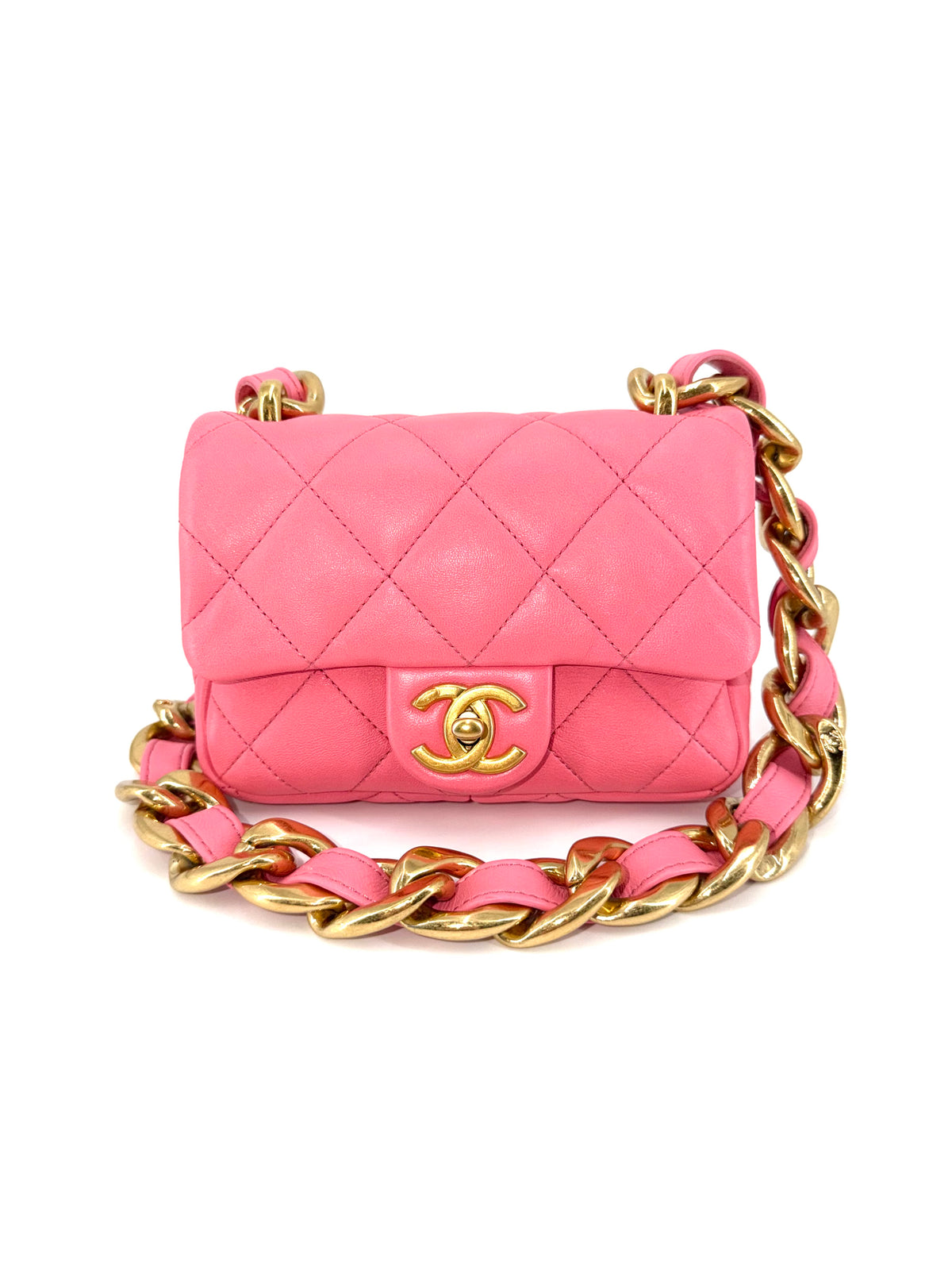 Pre-Owned Chanel Mini Funky Town Flap Bag in pink quilted lambskin with oversized chunky gold chain strap and CC turn-lock