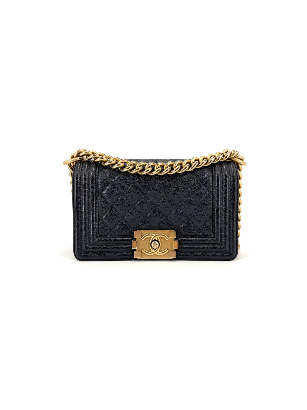 Pre-Owned Chanel Small Boy Bag in navy blue quilted caviar leather with aged gold hardware, chunky chain strap and signature CC Boy clasp