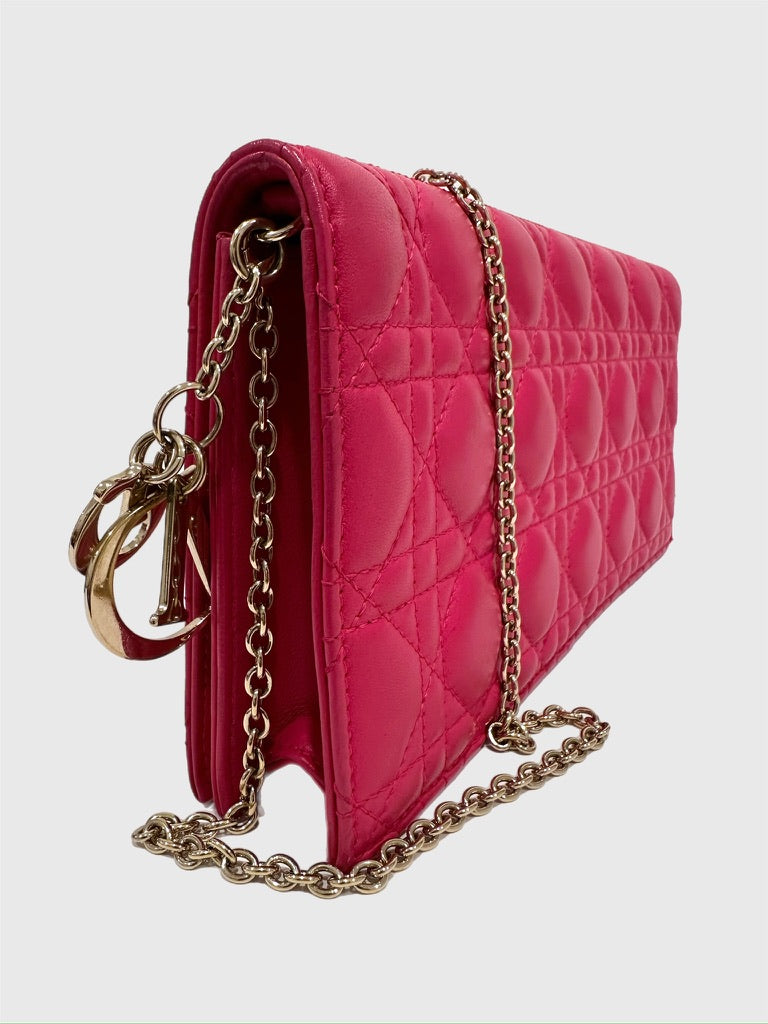 Christian Dior Fuchsia Pink Leather Cannage Crossbody Wallet on Chain