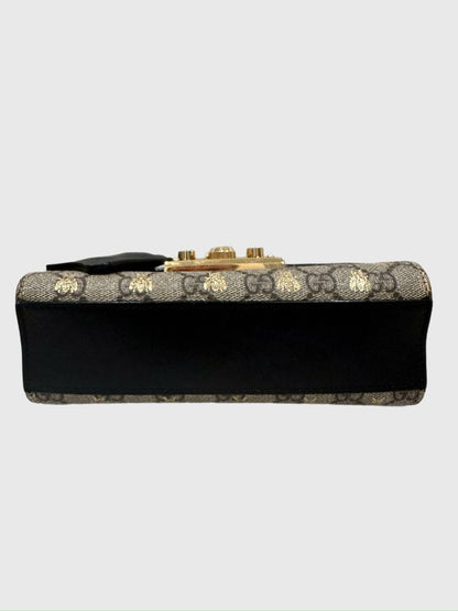 Gucci Bee GG Supreme Beige Canvas Black Leather Padlock - Small
