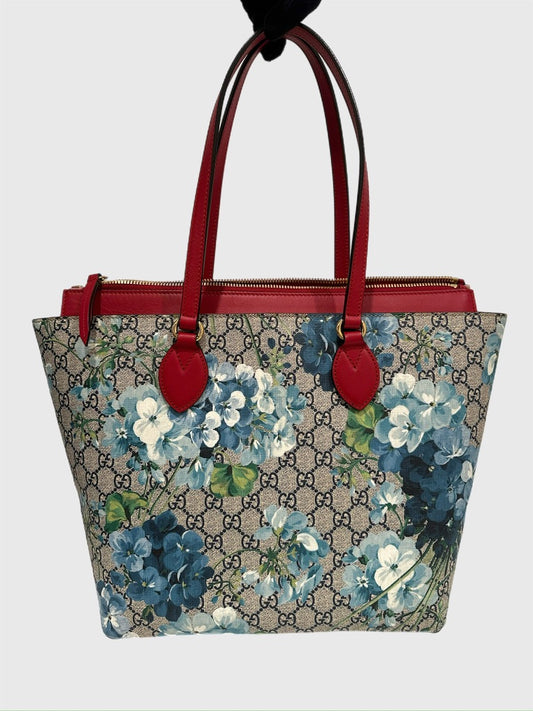 Gucci GG Supreme Canvas Blue Blooms Red Tote Bag