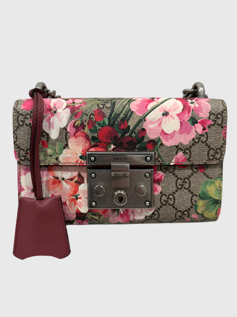 Gucci GG Blooms Floral Red Pink Padlock Canvas Crossbody Bag