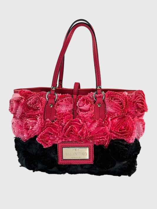 Valentino Garavani Rosier Medium Tote w/Real Pink and Black Fabric Rosettes