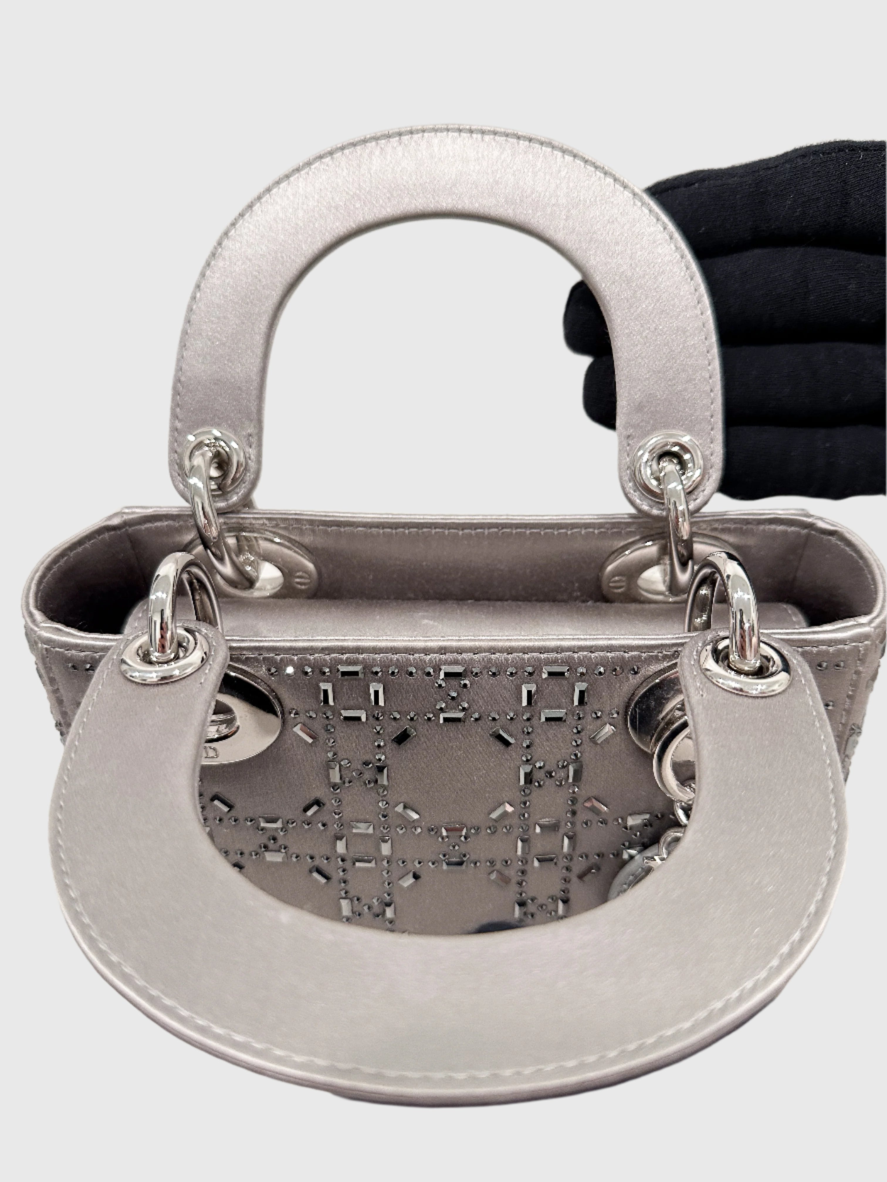 Christian Dior Gray Satin Crystal Cannage Mini Lady Dior Crossbody Bag