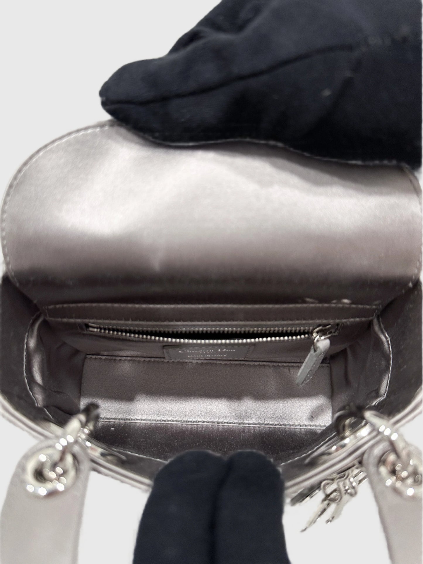 Christian Dior Gray Satin Crystal Cannage Mini Lady Dior Crossbody Bag