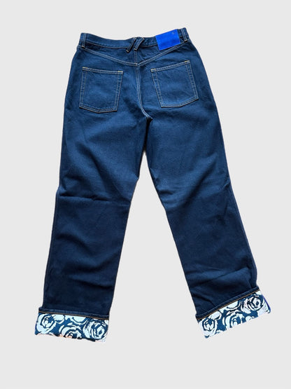 Burberry Men's Size 32 Indigo Blue Rose Print Cuffs Straight Leg Jeans