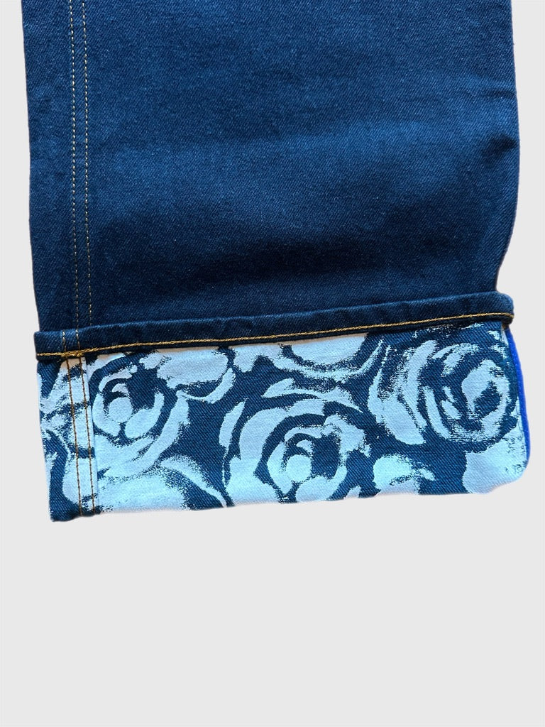Burberry Men's Size 32 Indigo Blue Rose Print Cuffs Straight Leg Jeans