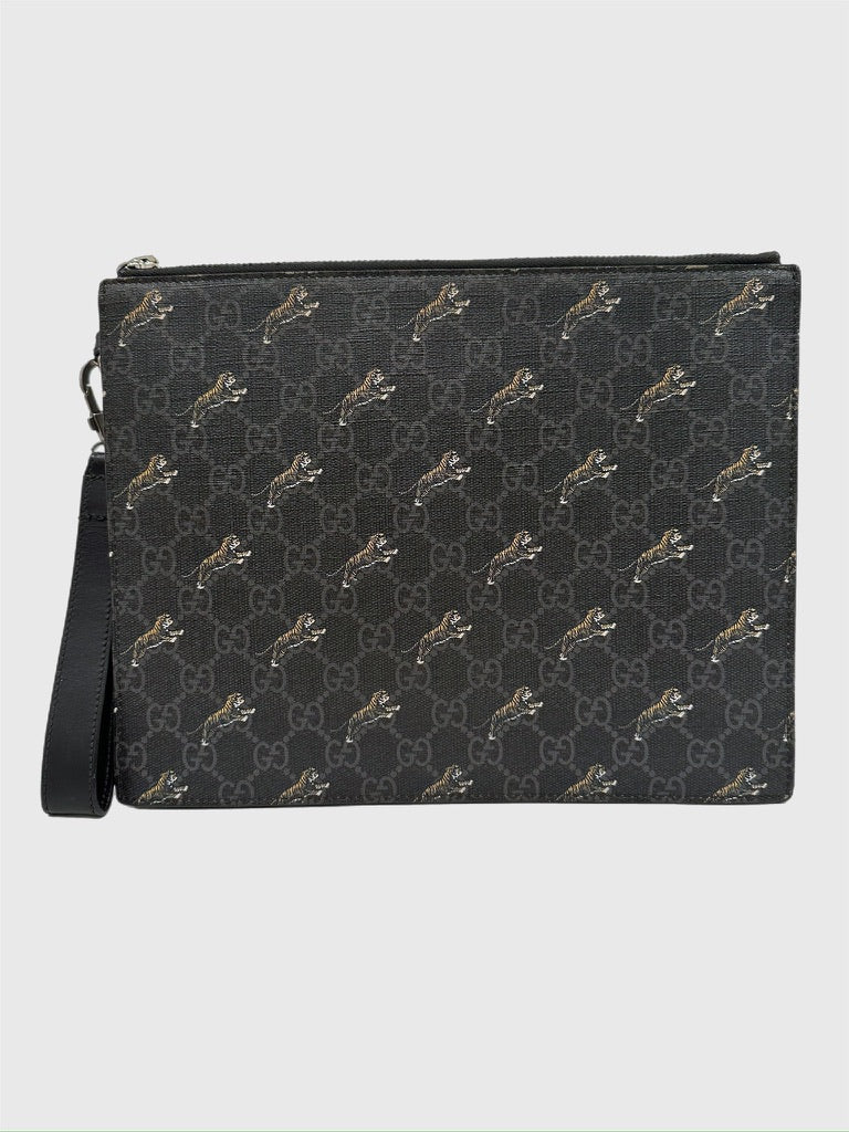 Gucci GG Supreme Monogram Tigers Zip Portfolio Wristlet Black