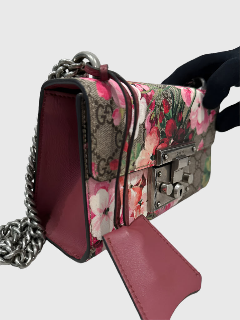 Gucci GG Blooms Floral Red Pink Padlock Canvas Crossbody Bag