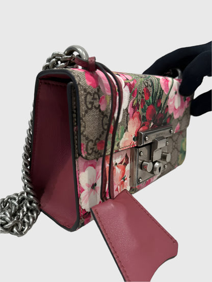 Gucci GG Blooms Floral Red Pink Padlock Canvas Crossbody Bag