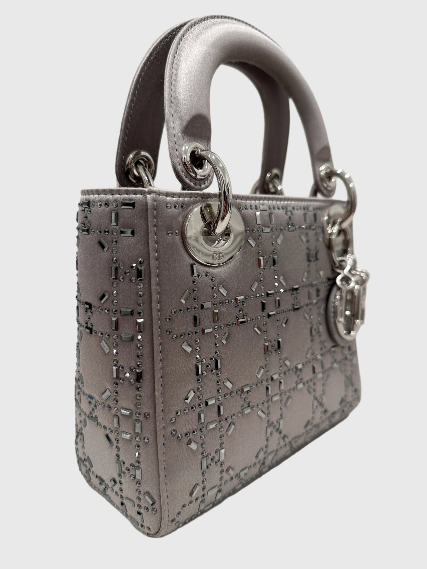 Christian Dior Gray Satin Crystal Cannage Mini Lady Dior Crossbody Bag