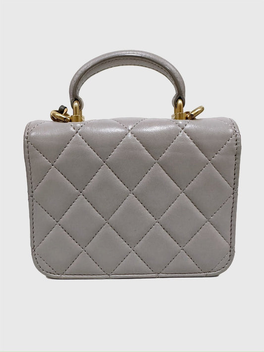 Chanel Top Handle Flap Coin Purse with Chain Gray Quilted Lambskin Crossbody