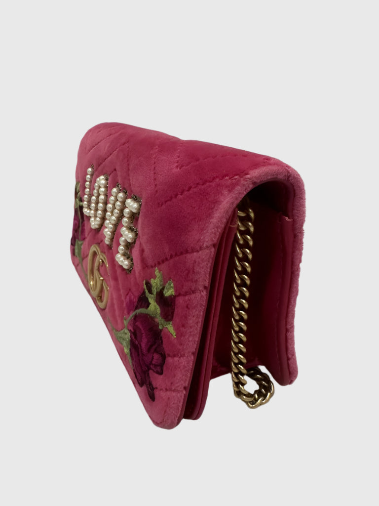 Gucci GG Marmont Pink Velvet Love Pearl Rose Embroidered Crossbody Bag