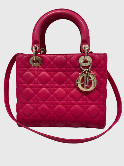 Christian Dior Fuchsia Pink Lambskin Cannage Lady Dior Medium Shoulder Bag