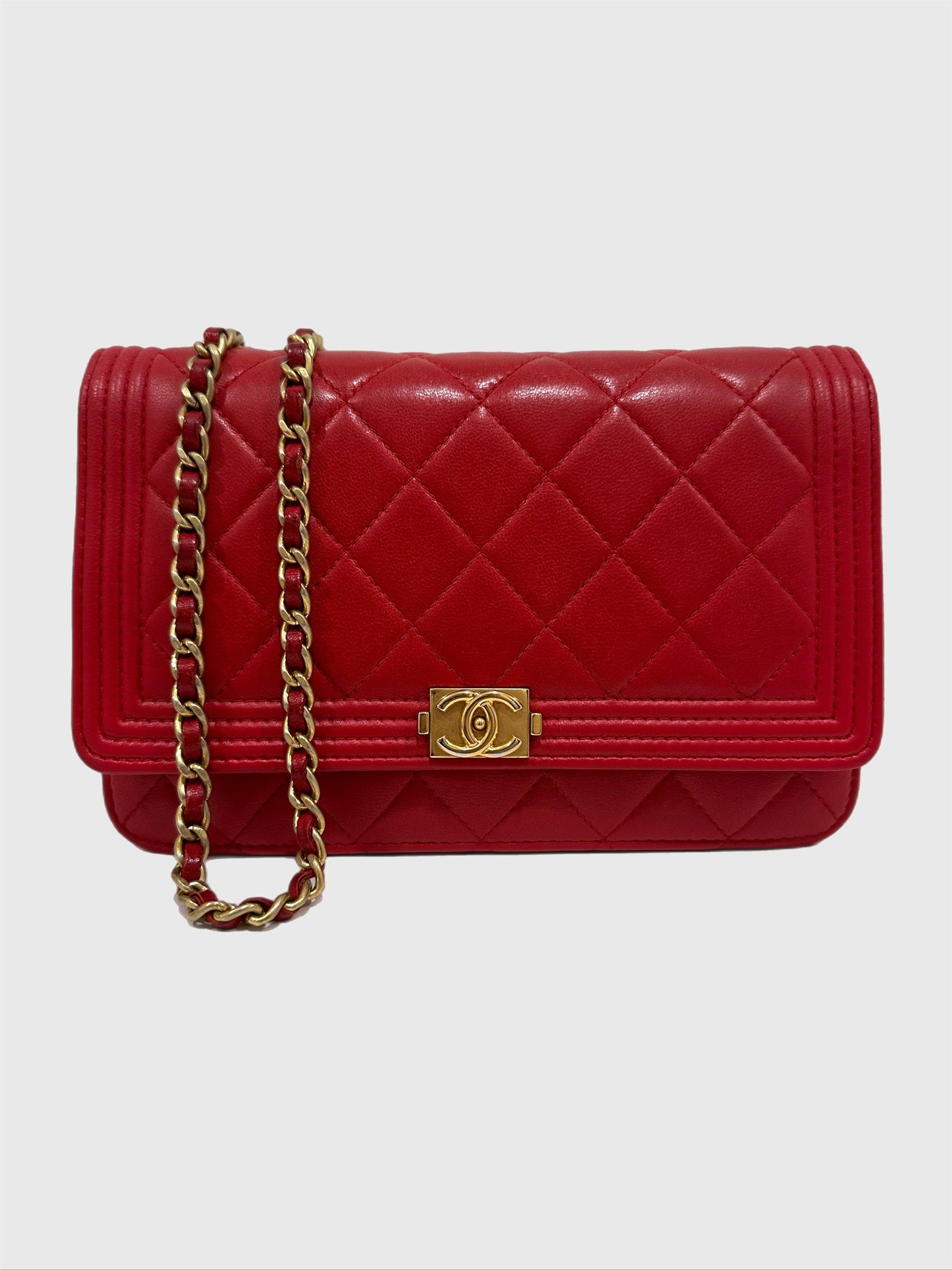 Chanel Boy Red Quilted Lambskin Crossbody Wallet on Chain WOC