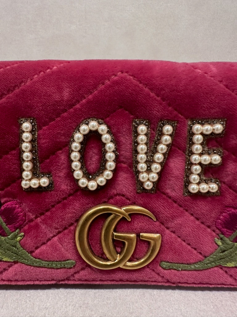 Gucci GG Marmont Pink Velvet Love Pearl Rose Embroidered Crossbody Bag