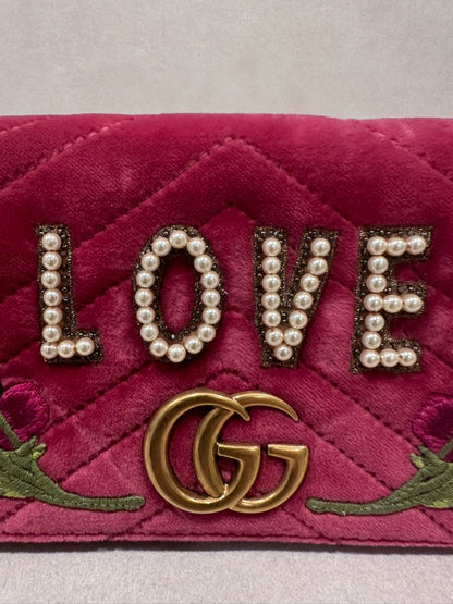 Gucci GG Marmont Pink Velvet Love Pearl Rose Embroidered Crossbody Bag