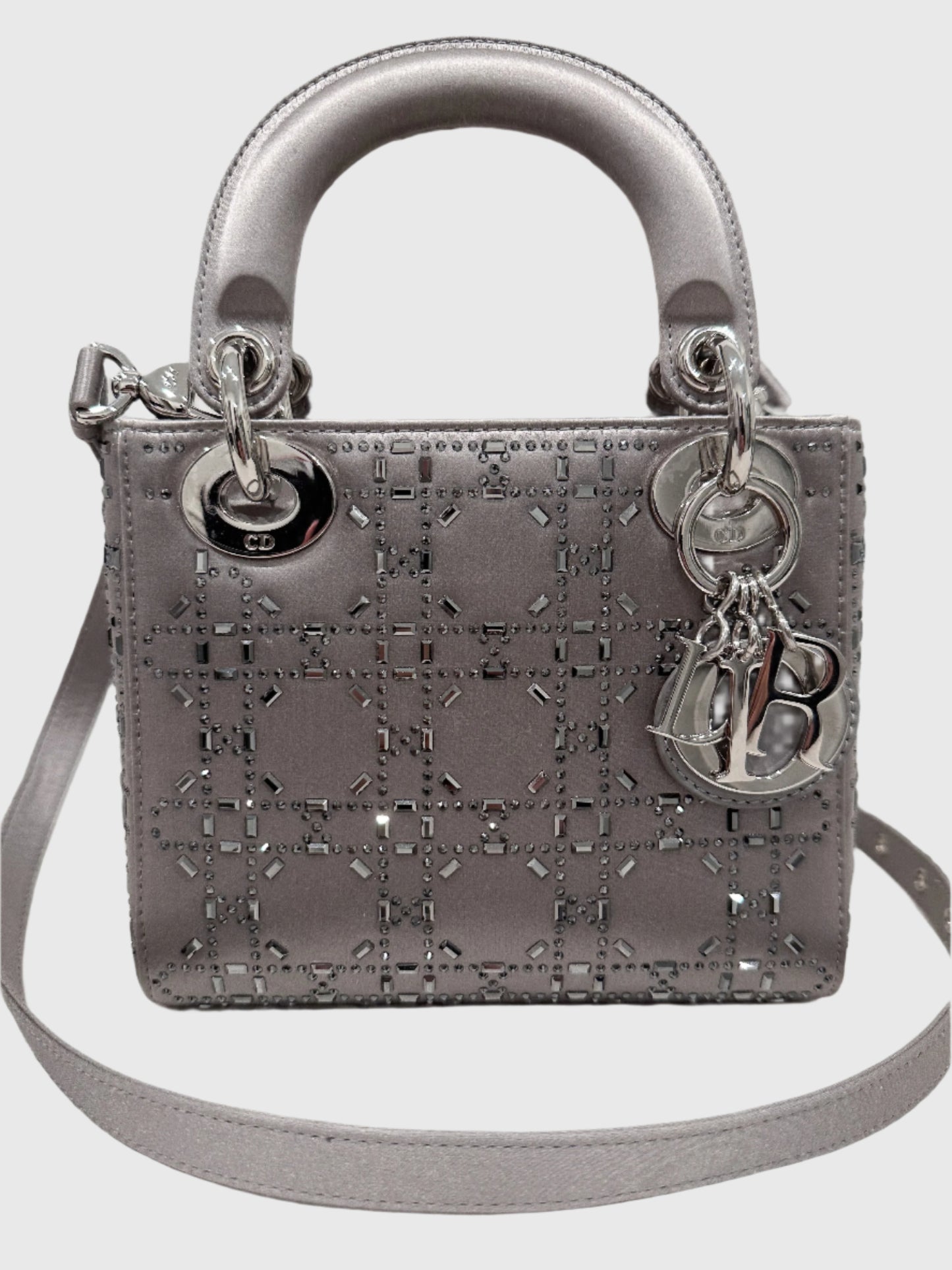 Christian Dior Gray Satin Crystal Cannage Mini Lady Dior Crossbody Bag
