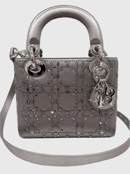 Christian Dior Gray Satin Crystal Cannage Mini Lady Dior Crossbody Bag