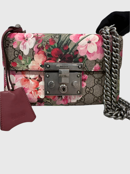Gucci GG Blooms Floral Red Pink Padlock Canvas Crossbody Bag