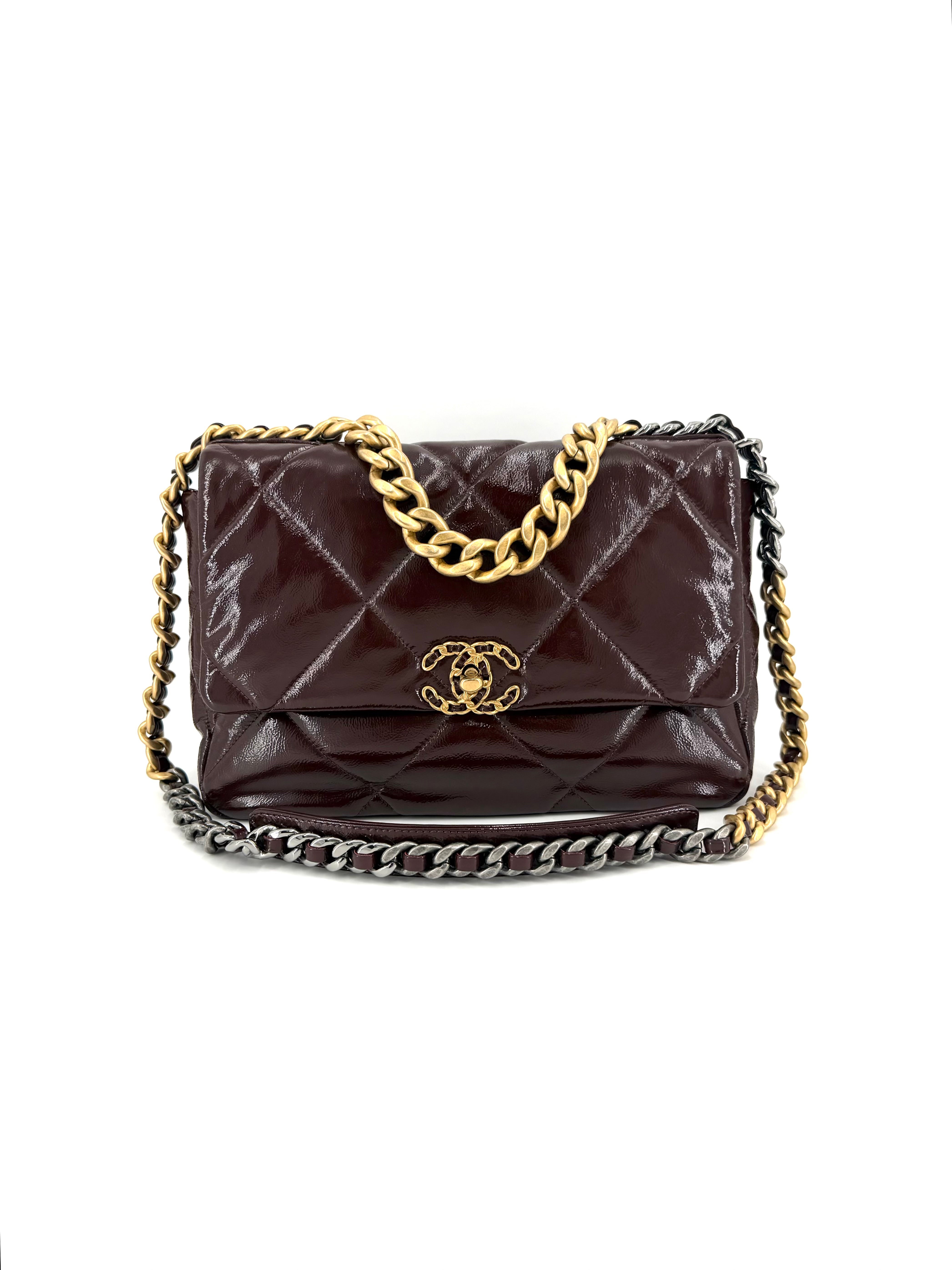 Pre-Owned Chanel 19 Large Shiny Burgundy Crossbody Bag