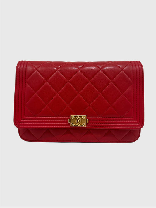 Chanel Boy Red Quilted Lambskin Crossbody Wallet on Chain WOC