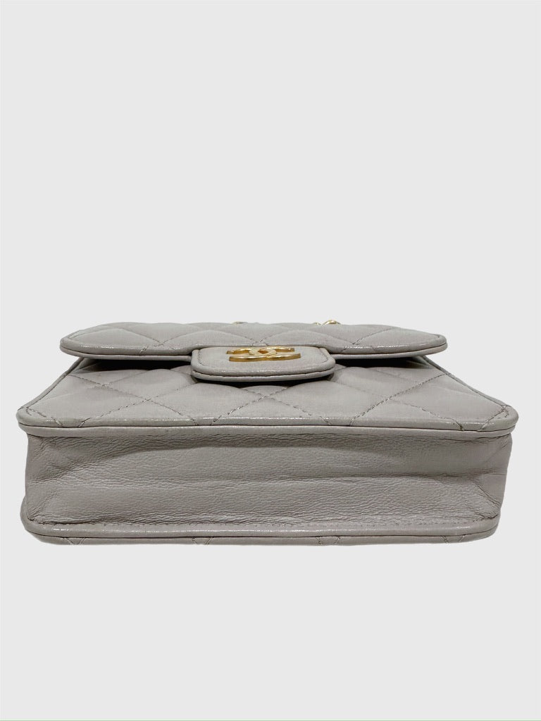 Chanel Top Handle Flap Coin Purse with Chain Gray Quilted Lambskin Crossbody